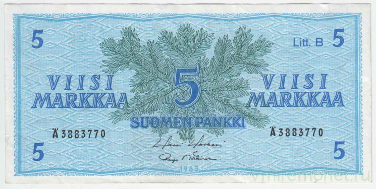 Банкнота. Финляндия. 5 марок 1963 год. Лит B. Тип 106Aa(45).