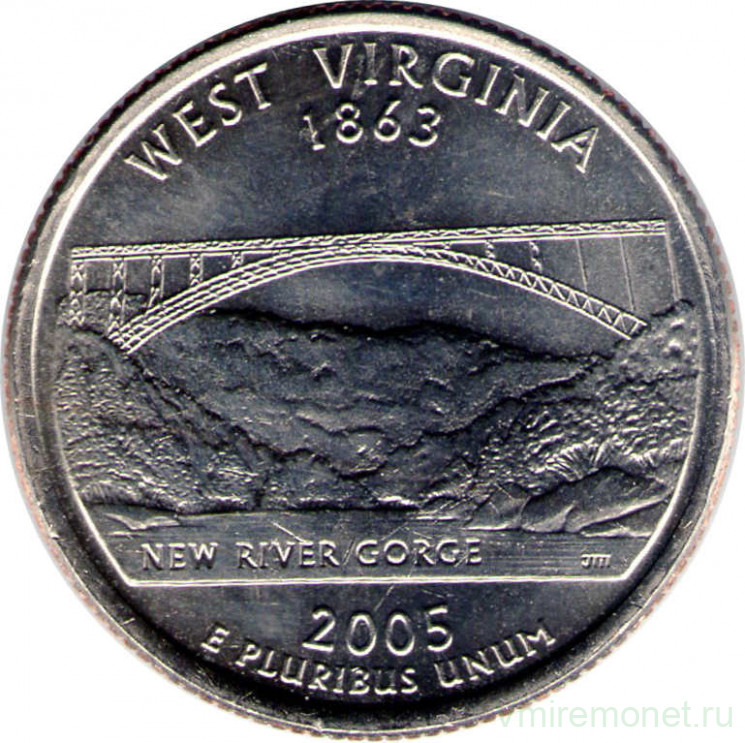 Монета. США. 25 центов 2005 год. Штат № 35 Западная Виргиния. Монетный двор D.