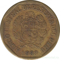 Монета. Перу. 20 сентимо 1993 год. Без надписи Чавез.