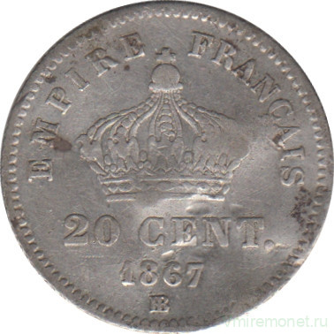 Монета. Франция. 20 сантимов 1867 год. BB.