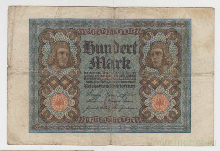 Банкнота. Германия. Веймарская республика. 100 марок 1920 год. Серийный номер - буква и восемь цифр.