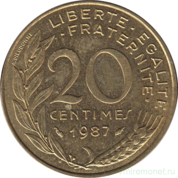 Монета. Франция. 20 сантимов 1987 год.