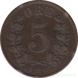 Монета. Норвегия. 5 эре 1902 год.