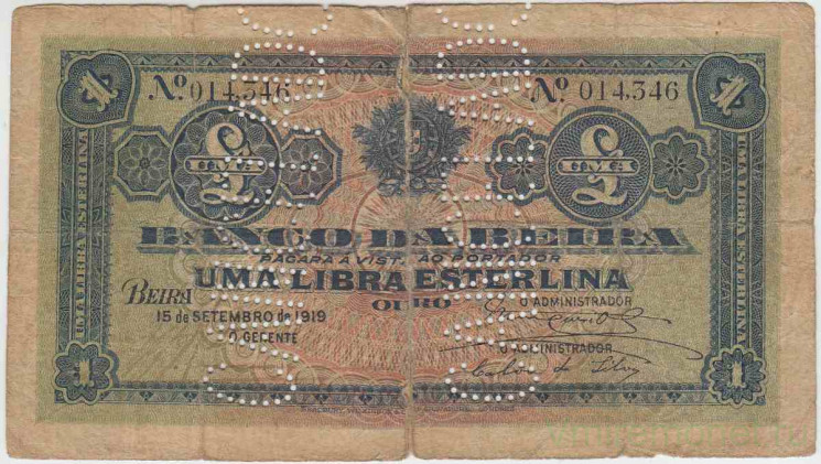 Банкнота. Мозамбик. "Банко де Бейра". 1 либра эстерлина 1919 год. (перфорация "OURO"). Без подписи.