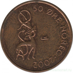 Монета. Норвегия. 50 эре 2002 год.
