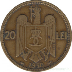 Монета. Румыния. 20 лей 1930 год. Портрет Кароля II. Монетный двор - Париж.