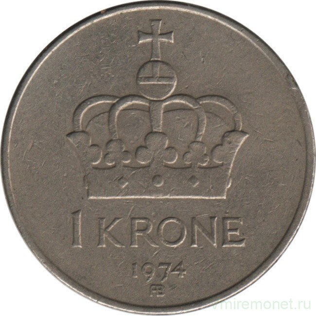 Монета. Норвегия. 1 крона 1974 год.
