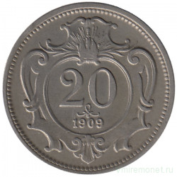Монета. Австро-Венгерская империя. 20 геллеров 1909 год. Австрийский тип.