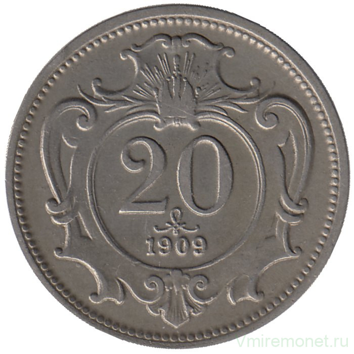 Монета. Австро-Венгерская империя. 20 геллеров 1909 год. Австрийский тип.