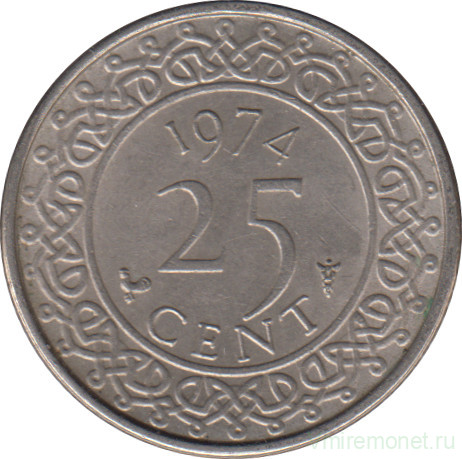 Монета. Суринам. 25 центов 1974 год.