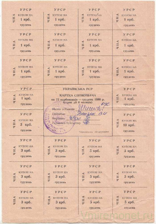 Бона. Украина. Черновицкая область. Карточка потребителя (75 карбованцев) на декабрь 1990 год. (печать Кицмань).