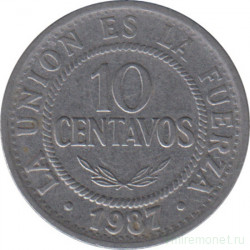 Монета. Боливия. 10 сентаво 1987 год.