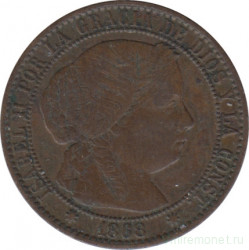 Монета. Испания. 1 сентимо 1868 год. 7-и конечная звезда.