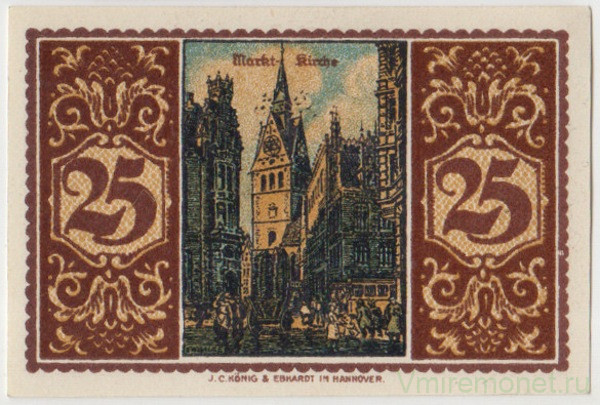Бона. Нотгельд. Германия. Город Ганновер. Торговая палата. 25 пфеннигов 1921 год. Вариант 572.2.1.