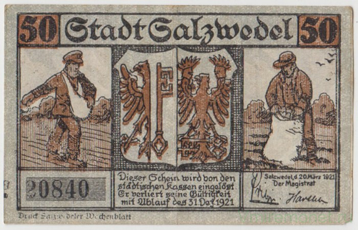Бона. Нотгельд. Германия. Город Зальцведель. 50 пфеннигов 1921 год. Вариант 1162.1.а.4.