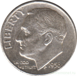 Монета. США. 10 центов 1956 год. Серебряный дайм Рузвельта.