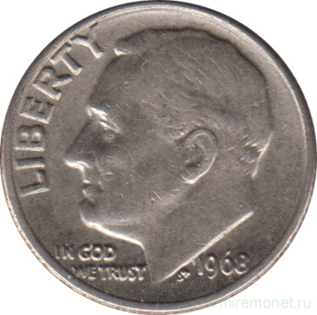 Монета. США. 10 центов 1968 год.