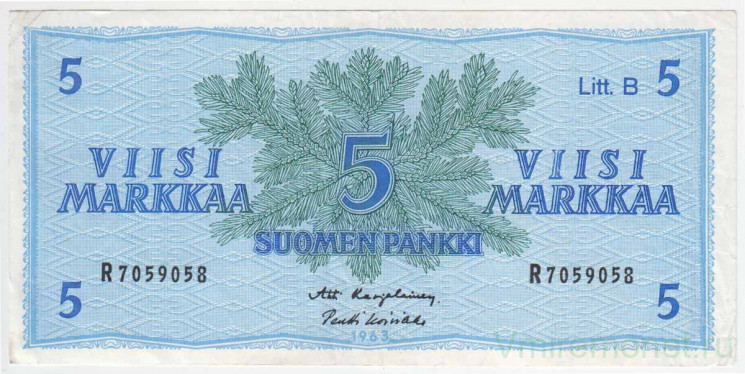Банкнота. Финляндия. 5 марок 1963 год. Лит B. Тип 106Aa(4).