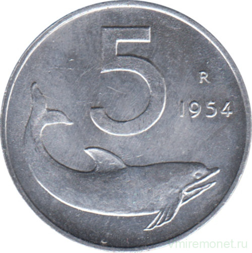 Монета. Италия. 5 лир 1954 год.