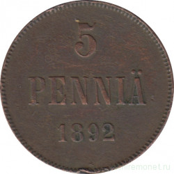 Монета. Русская Финляндия. 5 пенни 1892 год.