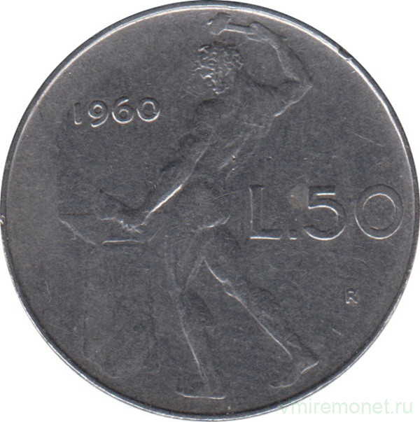 Монета. Италия. 50 лир 1960 год.