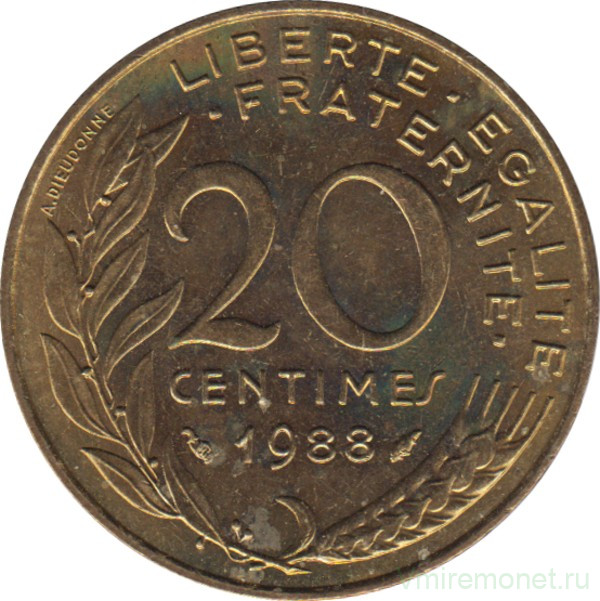 Монета. Франция. 20 сантимов 1988 год.