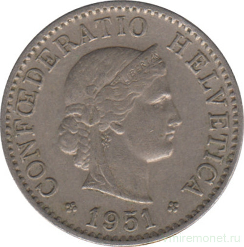 Монета. Швейцария. 5 раппенов 1951 год.