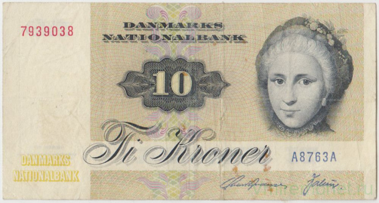 Банкнота. Дания. 10 крон 1972 год. Тип 48b.