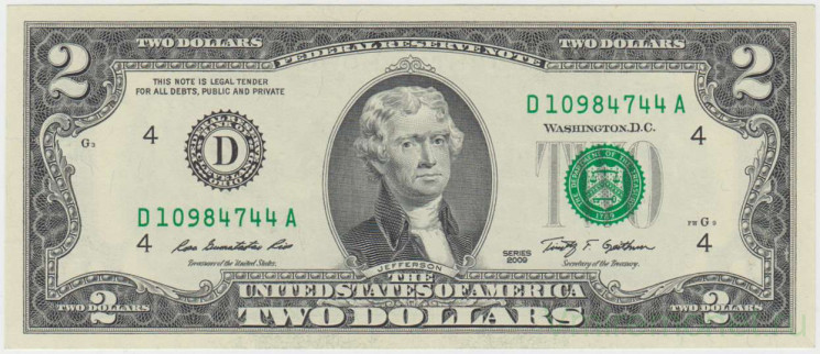 Банкнота. США. 2 доллара 2009 год. Серия D. Тип 530А.