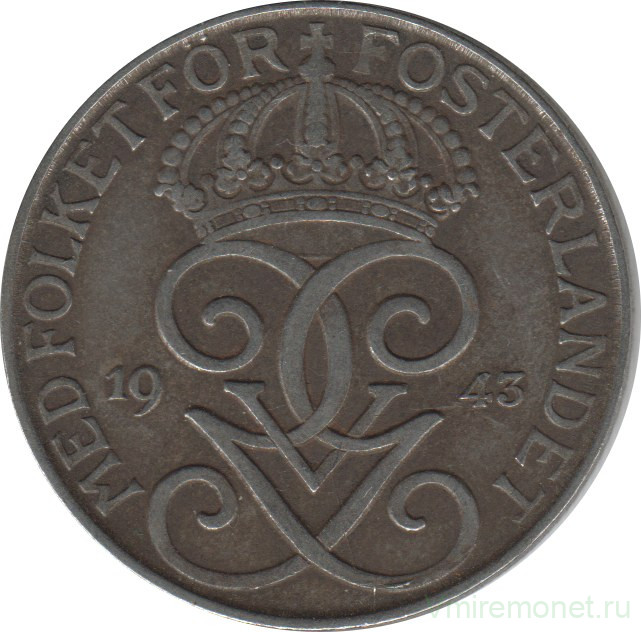 Монета. Швеция. 5 эре 1943 год.