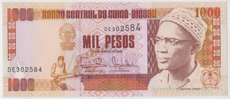 Банкнота. Гвинея-Бисау. 1000 песо 1993 год.