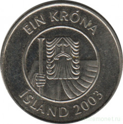 Монета. Исландия. 1 крона 2003 год.