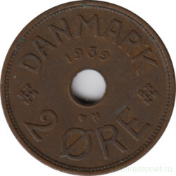 Монета. Дания. 2 эре 1939 год.