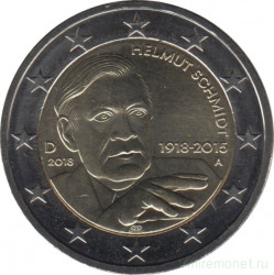 Монета. Германия. 2 евро 2018 год. 100 лет со дня рождения Гельмута Шмидта (A). 