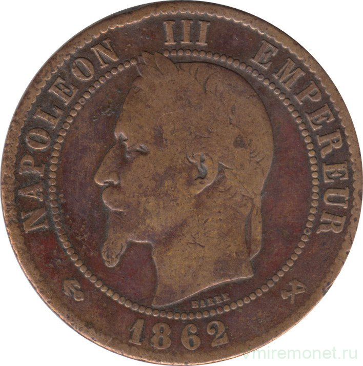 Монета. Франция. 10 сантимов 1862 год. К.