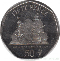 Монета. Гибралтар. 50 пенсов 2010 год. Захват Гибралтара, 1704.