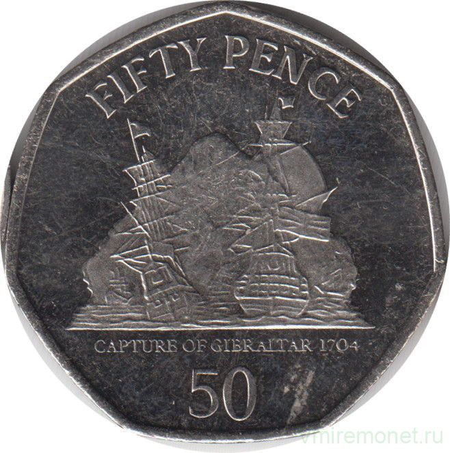 Монета. Гибралтар. 50 пенсов 2010 год. Захват Гибралтара, 1704.