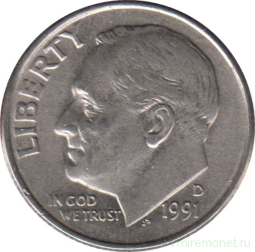 Монета. США. 10 центов 1991 год. Монетный двор D.