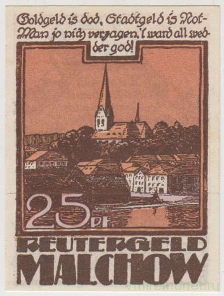 Бона. Нотгельд. Германия. Город Малхов. 25 пфеннигов 1922 год. Вариант 863.1.2.