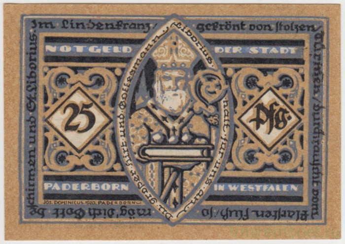 Бона. Нотгельд. Германия. Город Падерборн. 25 пфеннигов 1920 год.