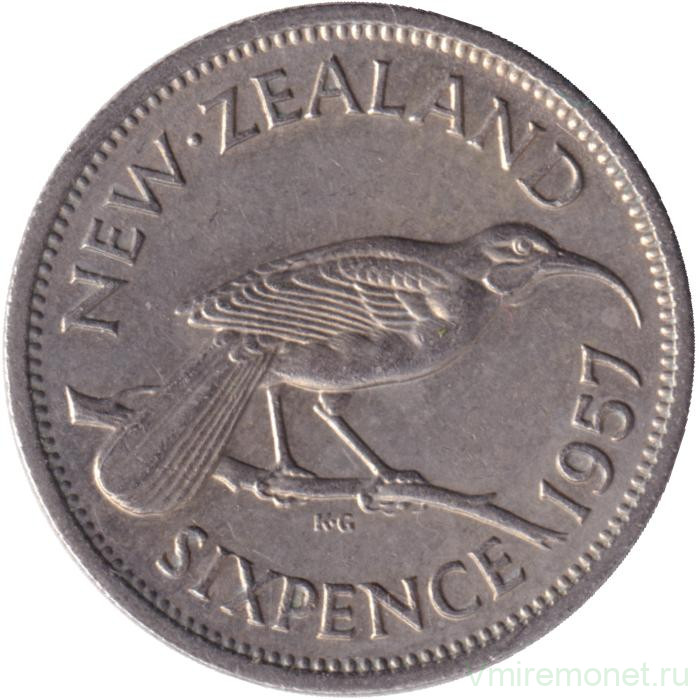 Монета. Новая Зеландия. 6 пенсов 1957 год. Новый тип.