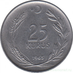 Монета. Турция. 25 курушей 1965 год.