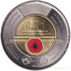 Монета. Канада. 2 доллара 2025 год. Чествование неизвестного солдата Канады. Цветная эмаль.