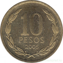 Монета. Чили. 10 песо 2005 год.