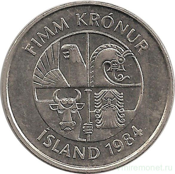 Монета. Исландия. 5 крон 1984 год.