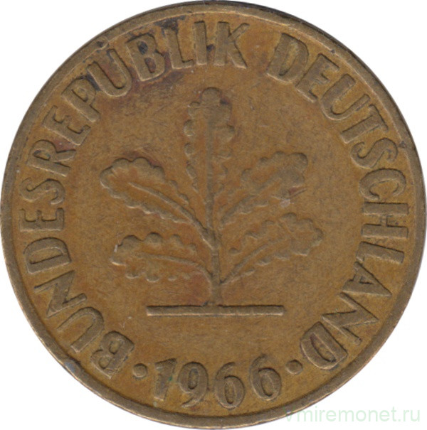 Монета. ФРГ. 10 пфеннигов 1966 год. Монетный двор - Штутгарт (F).