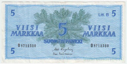 Банкнота. Финляндия. 5 марок 1963 год. Лит B. Тип 106Aa(10).