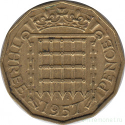 Монета. Великобритания. 3 пенса 1957 год.