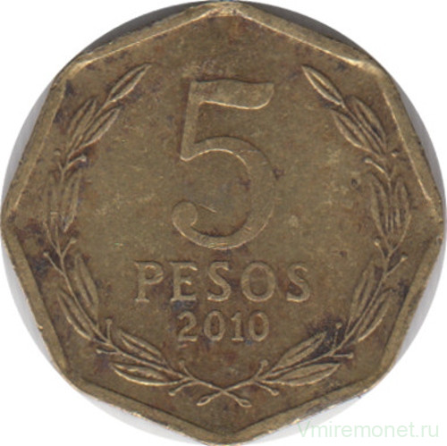 Монета. Чили. 5 песо 2010 год.