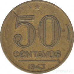 Монета. Бразилия. 50 сентаво 1943 год. Алюминиевая бронза.